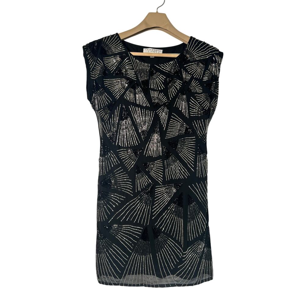 Trina Turk Hansen Night Fall Sequin Dress Black Size 8 Short Sleeve Party